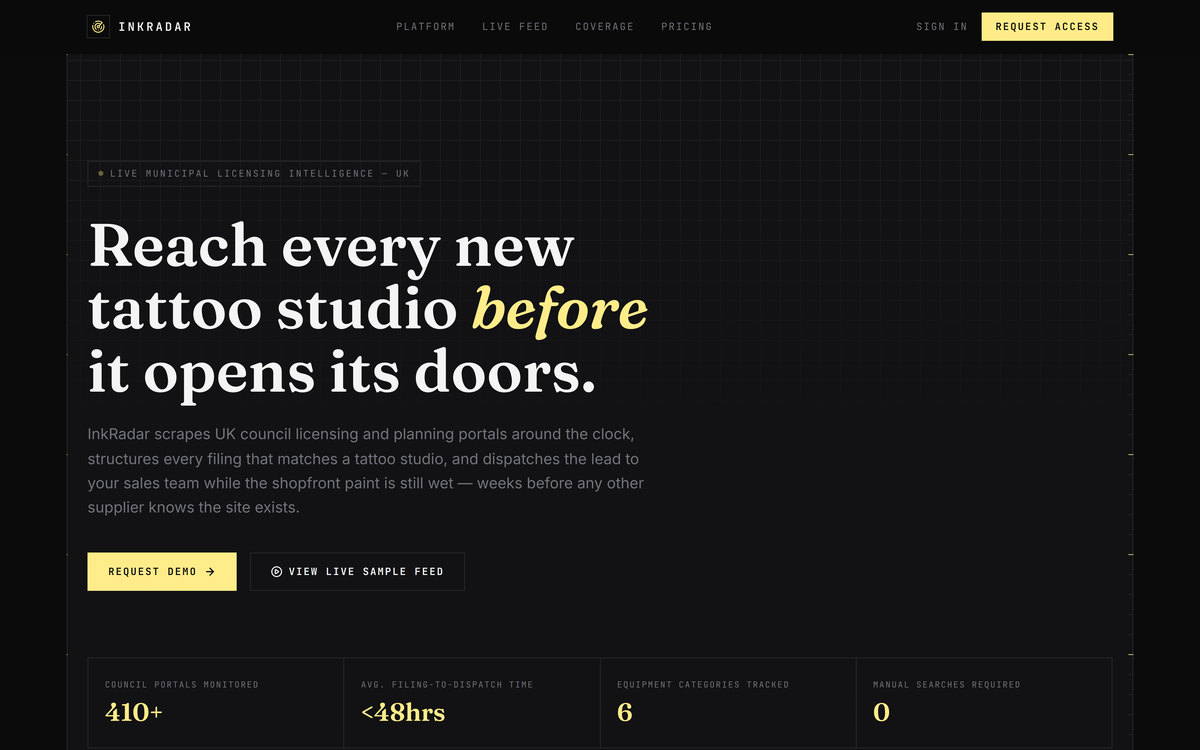 The InkRadar landing page: a dark grid with the headline Reach every new tattoo studio before it opens its doors, above a row of coverage figures.