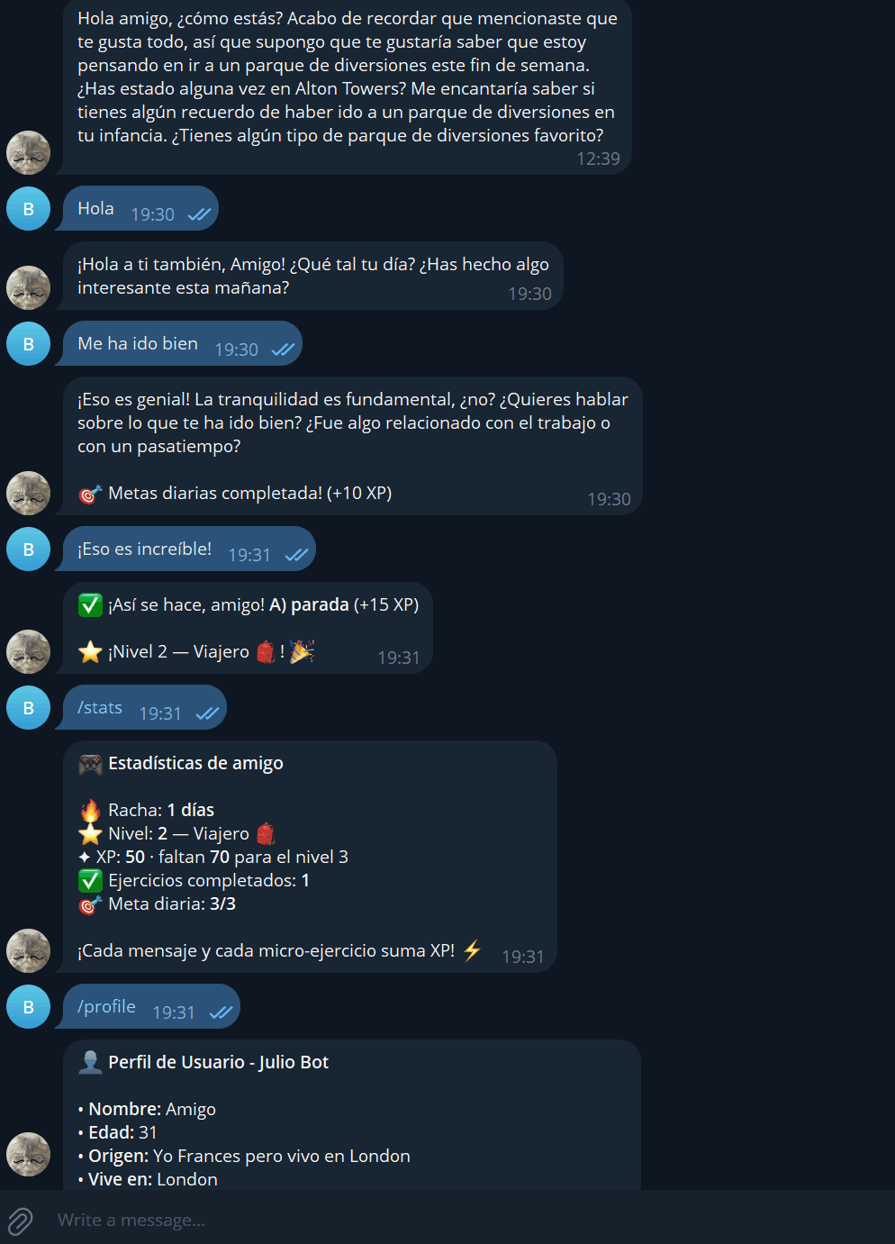 A Telegram conversation with Julio in Spanish, showing XP awards, a level-up and the stats card.